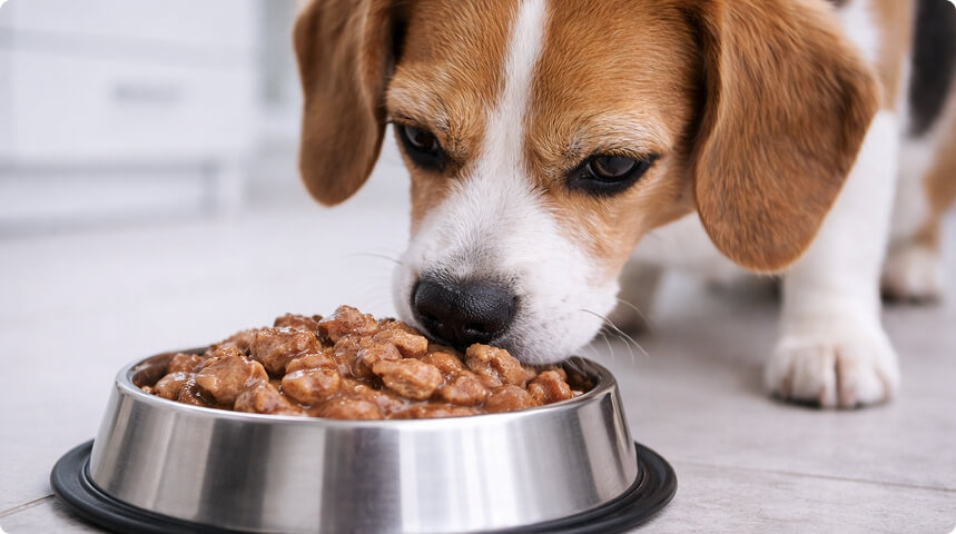 Собака нюхает миску с мягким кормом